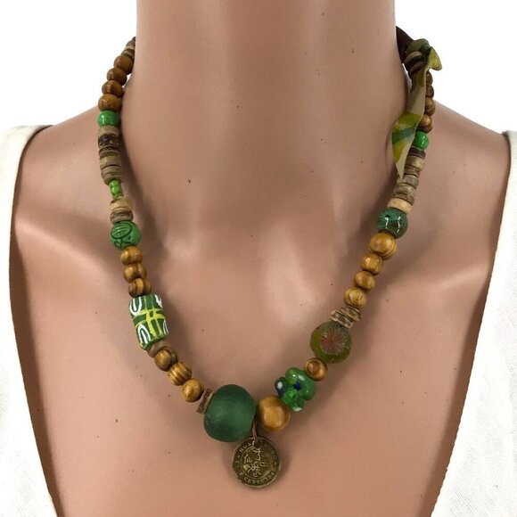 Coin Pendant Necklace Beaded Leather Neckline Glass Wood Beads Green Brown - Picture 1 of 2